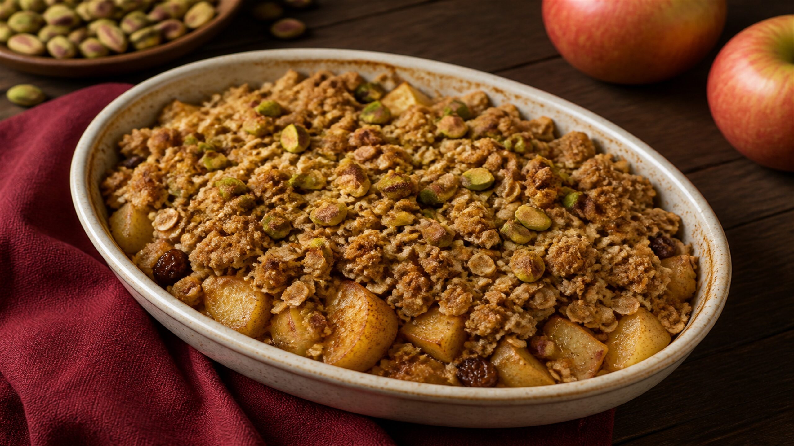 Warm apple pistachio crisp with oats, raisins and cinnamon