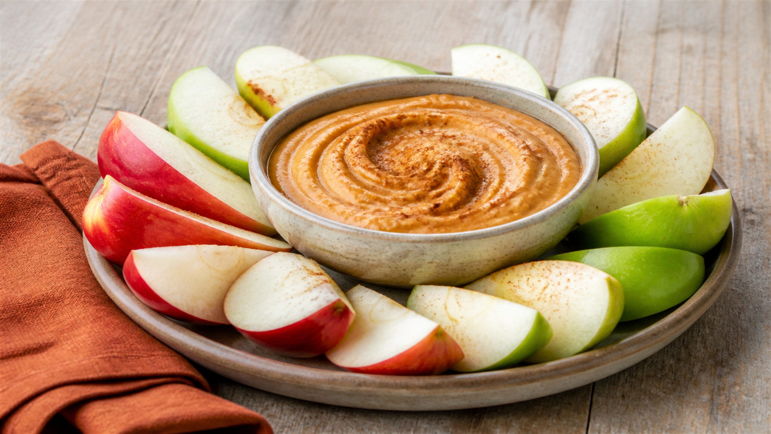 Red and green apple wedges with pumpkin almond butter dip