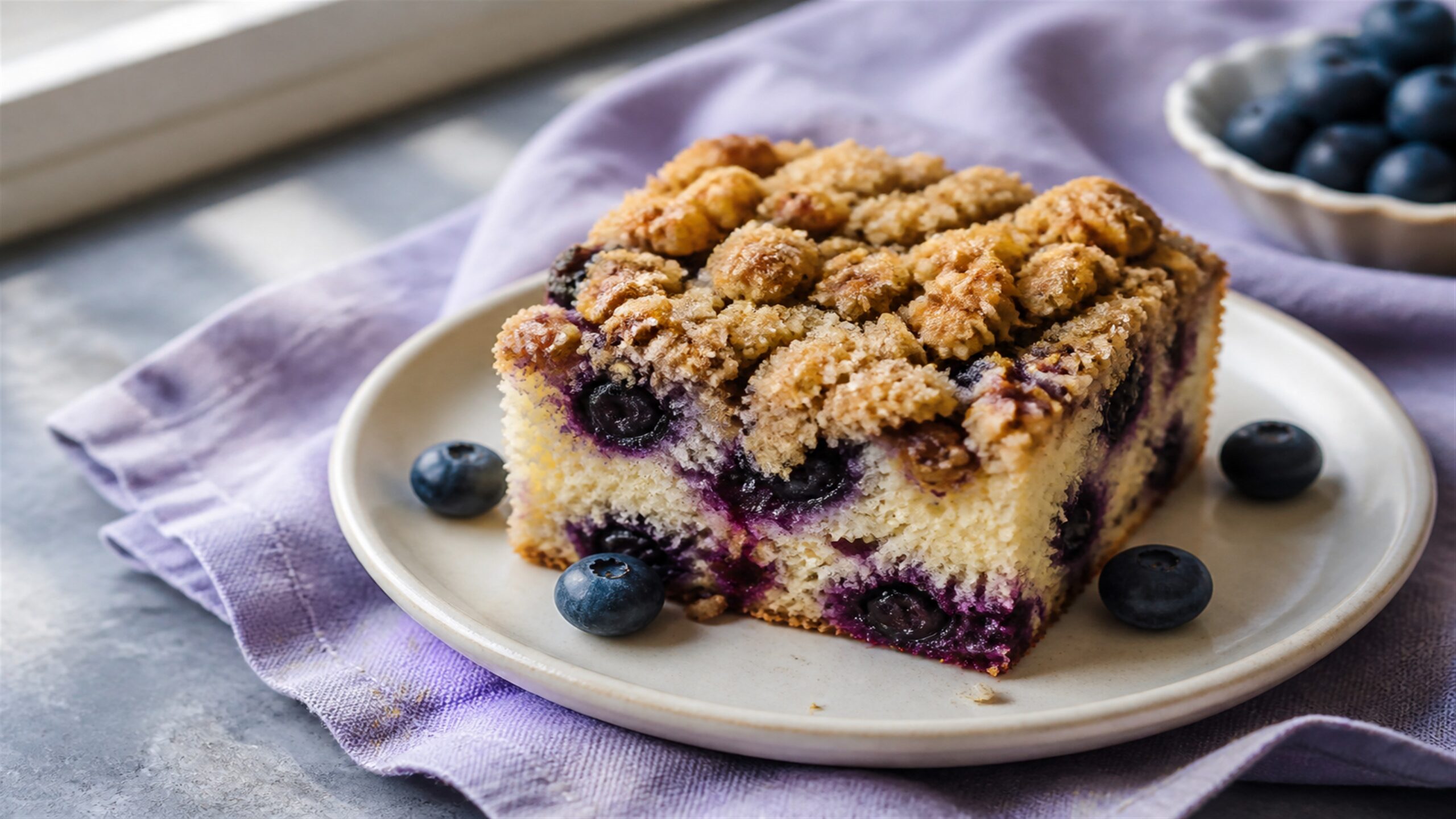 Blueberry coffee cake with a walnut sugar crumble topping