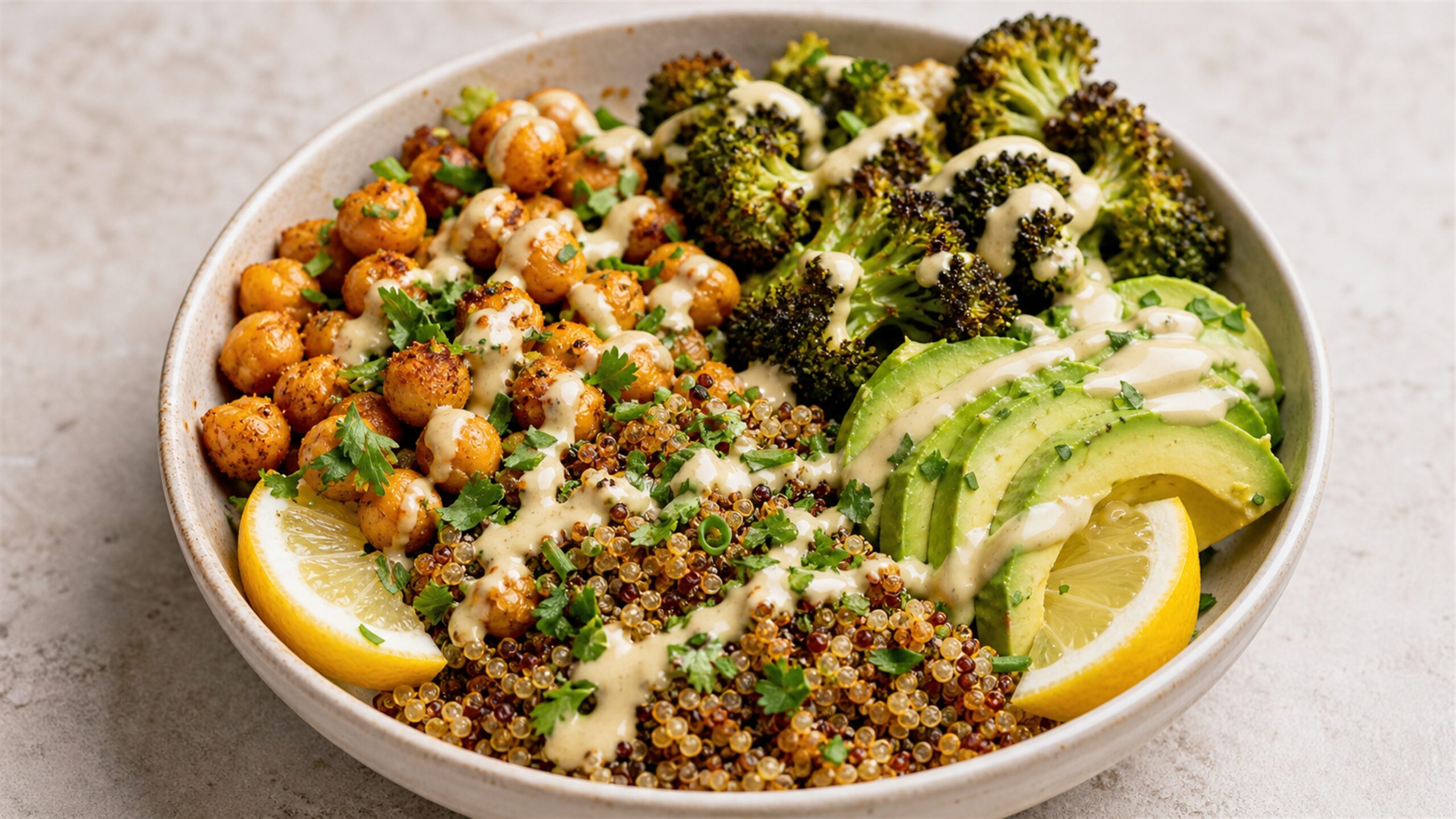 Crispy Quinoa Chickpea Bowls with Roasted Broccoli