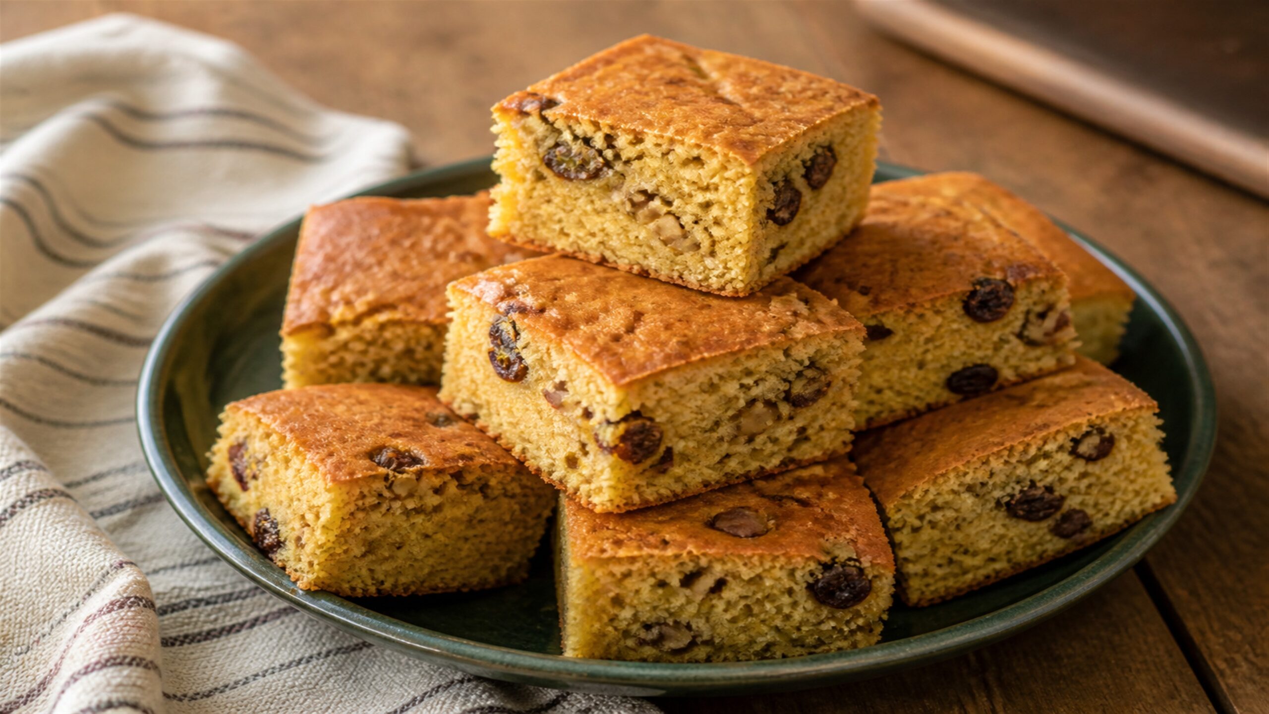 Golden banana cornmeal pan bread with raisins and walnuts