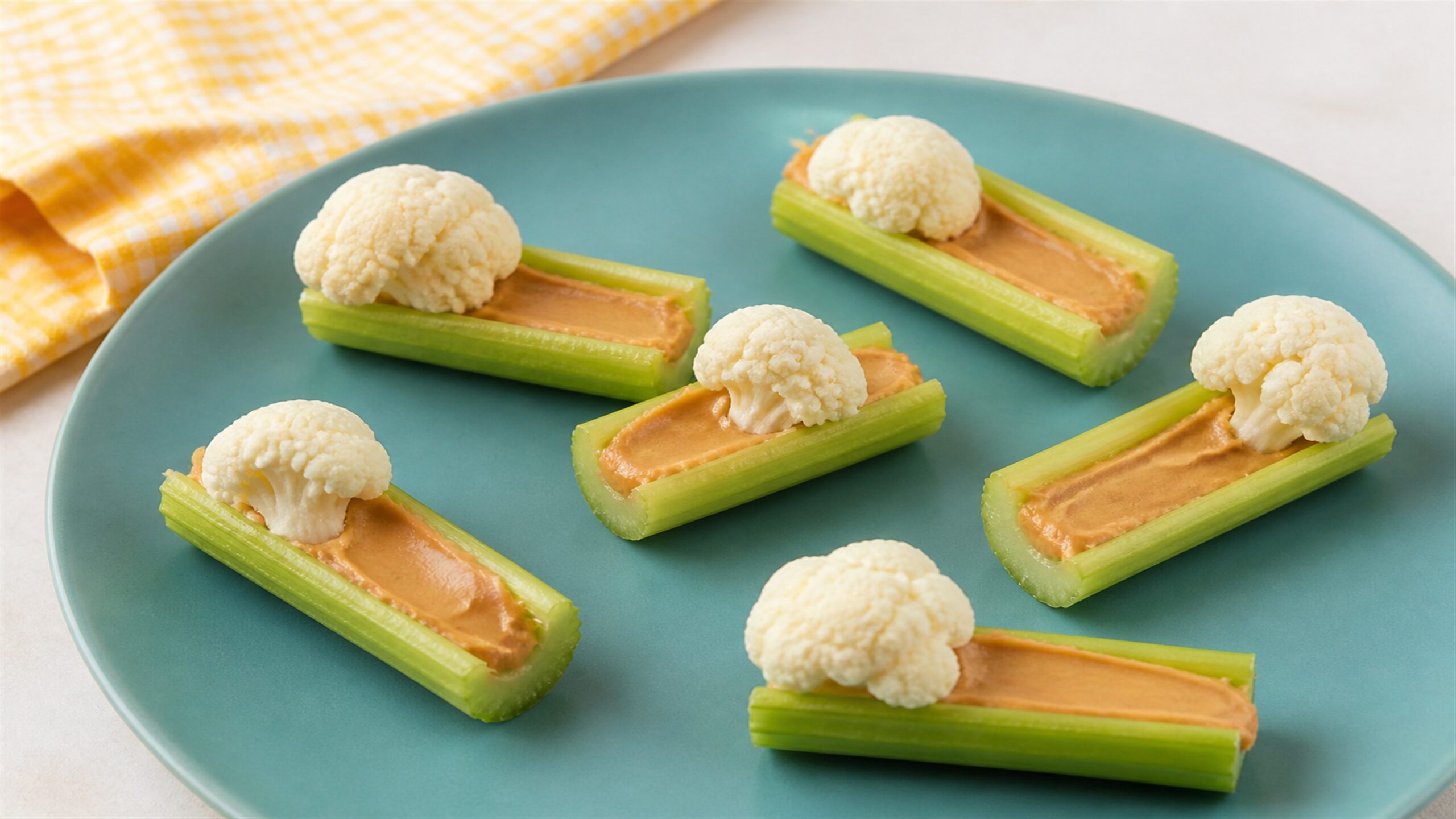 Celery sticks with peanut butter and cauliflower florets
