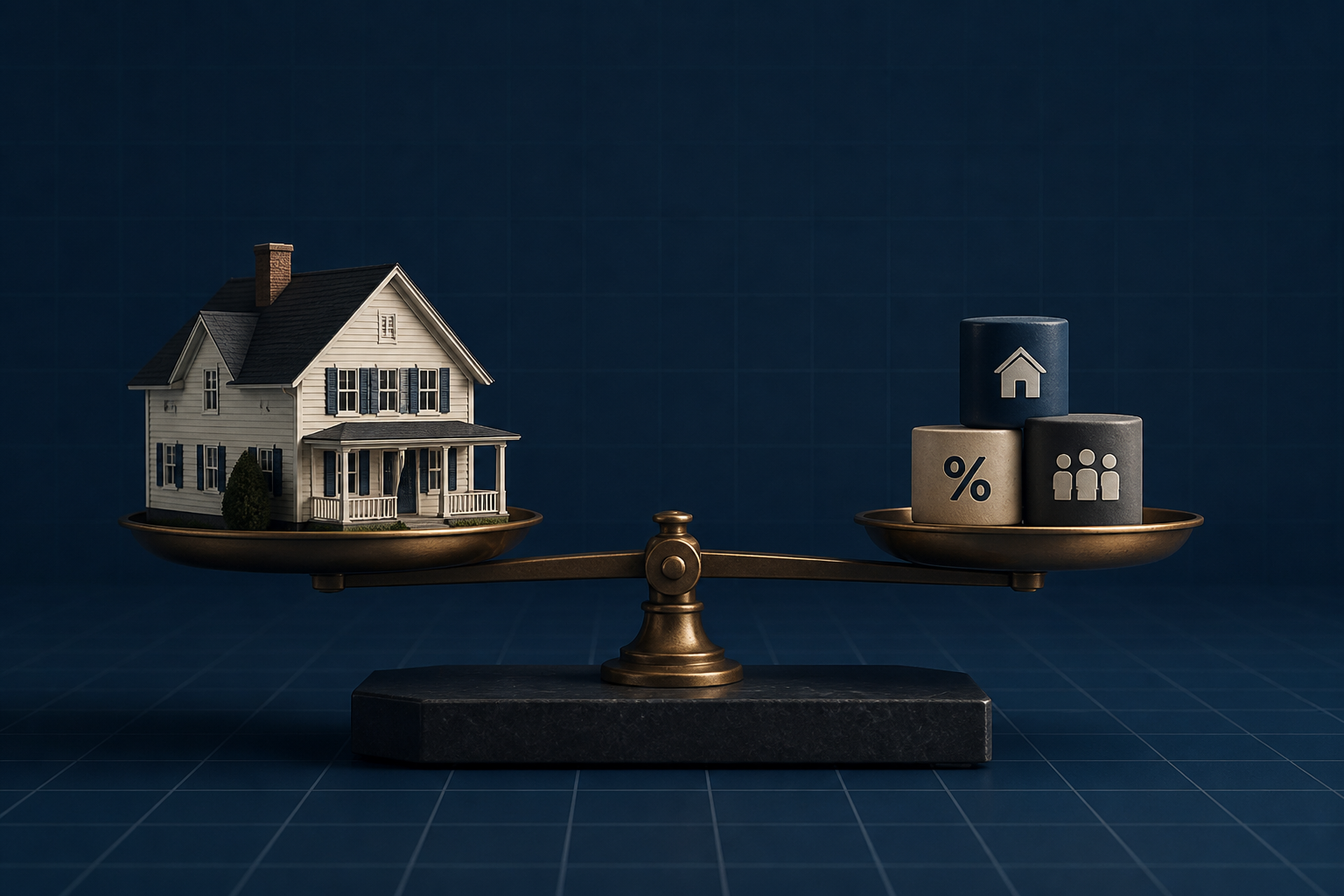 A model house balanced on a scale against interest rate and demand icons