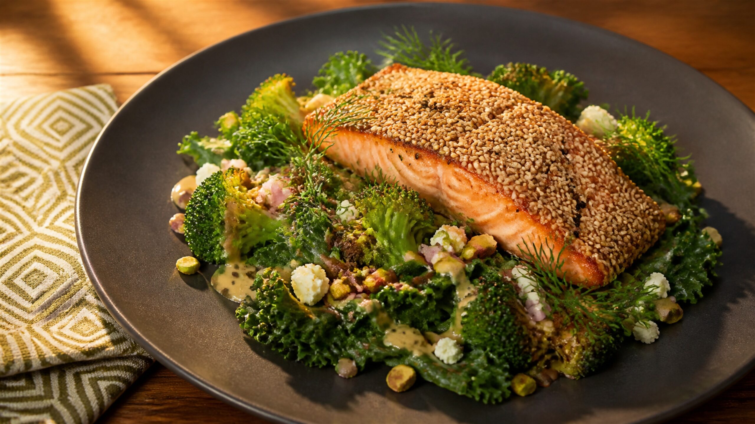 Sesame salmon over kale salad with broccoli, pistachios and lemon tahini dressing