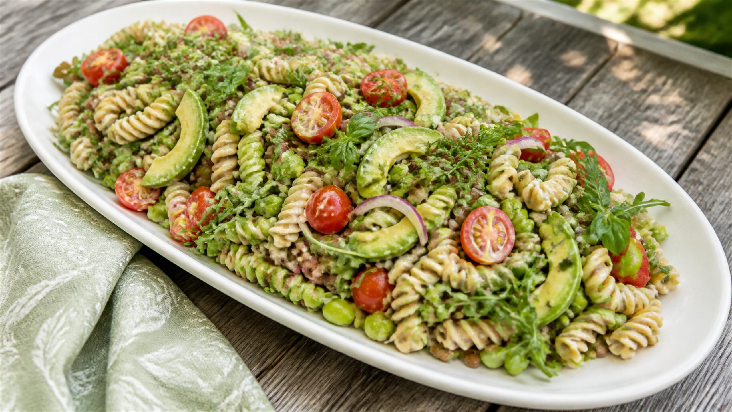Lentil, Edamame and Tomato Pasta with Cashew Dressing