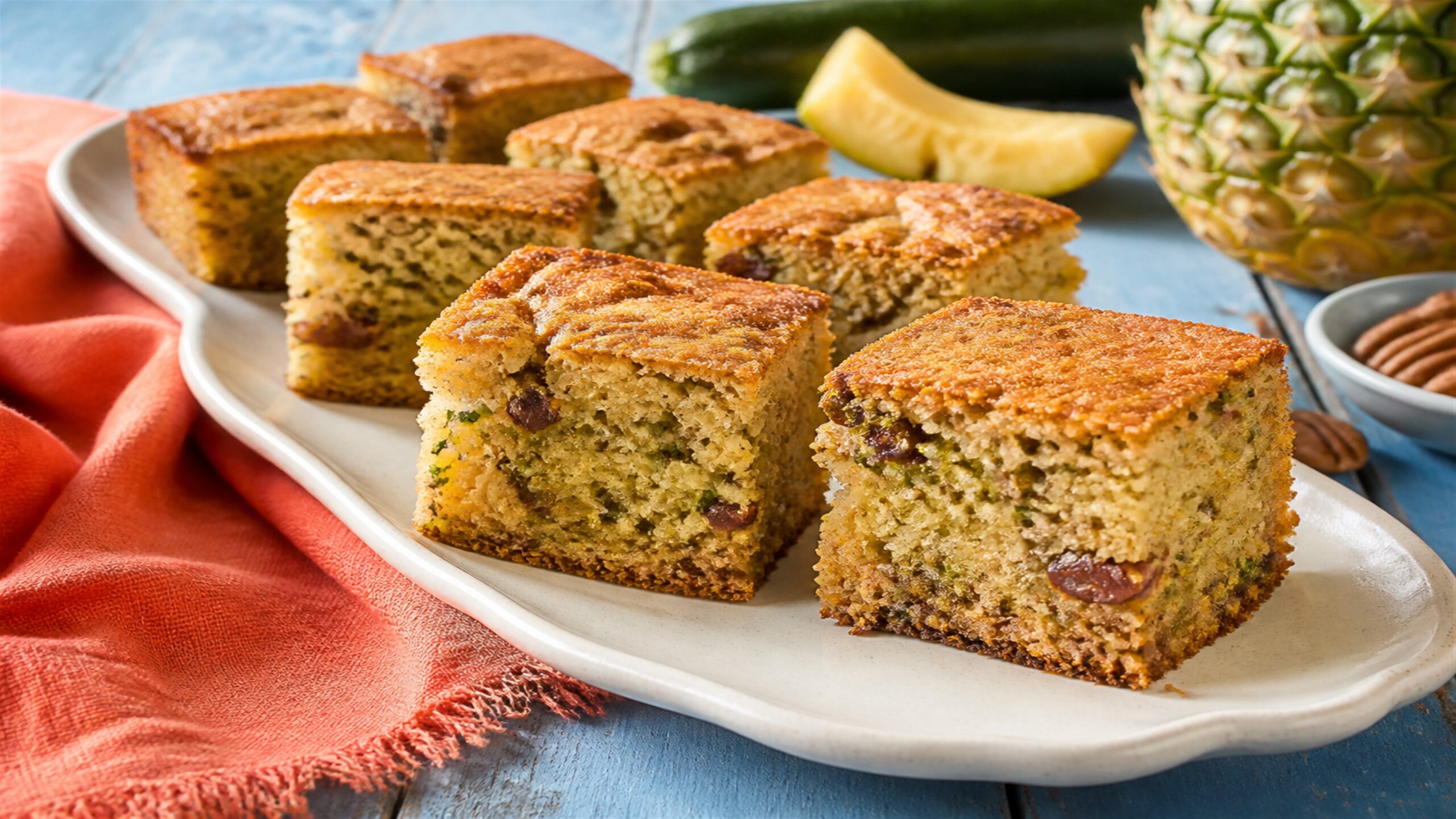 Unfrosted pineapple zucchini cake with raisins and pecans