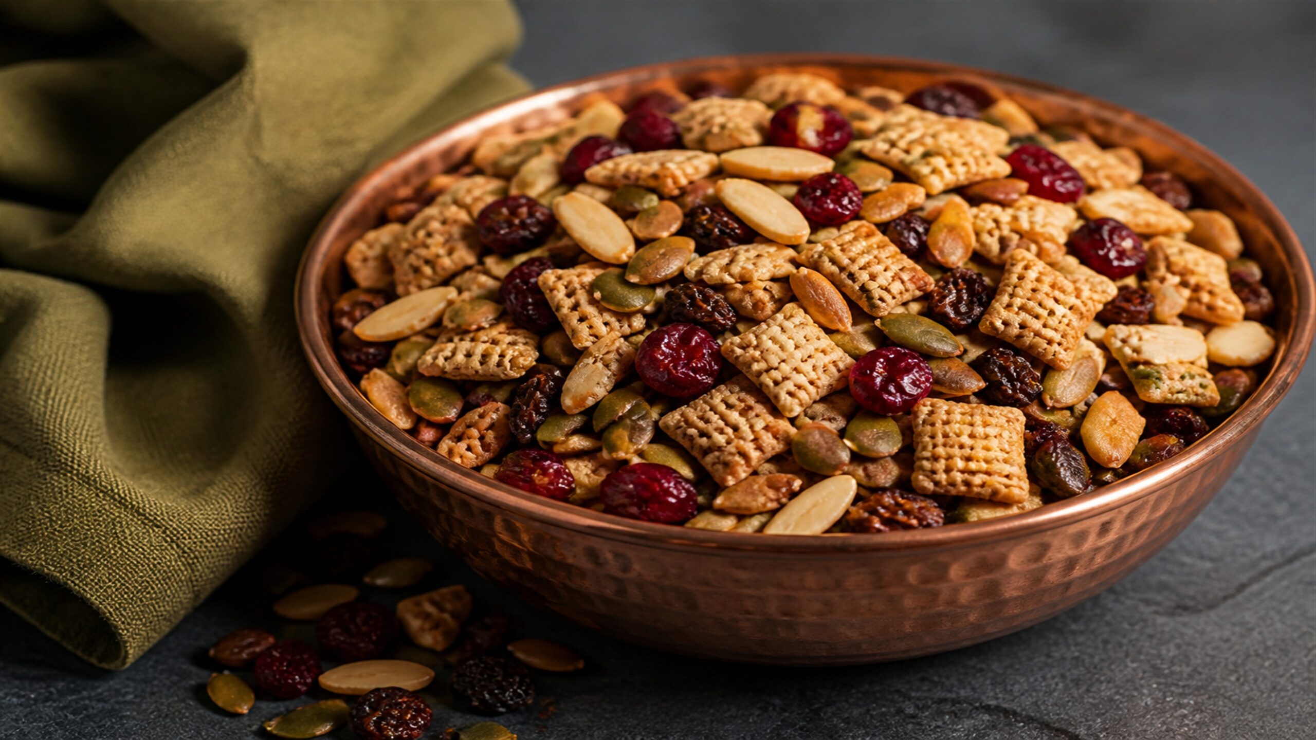 Roasted pumpkin seed snack mix with cereal squares, almonds, cranberries and raisins