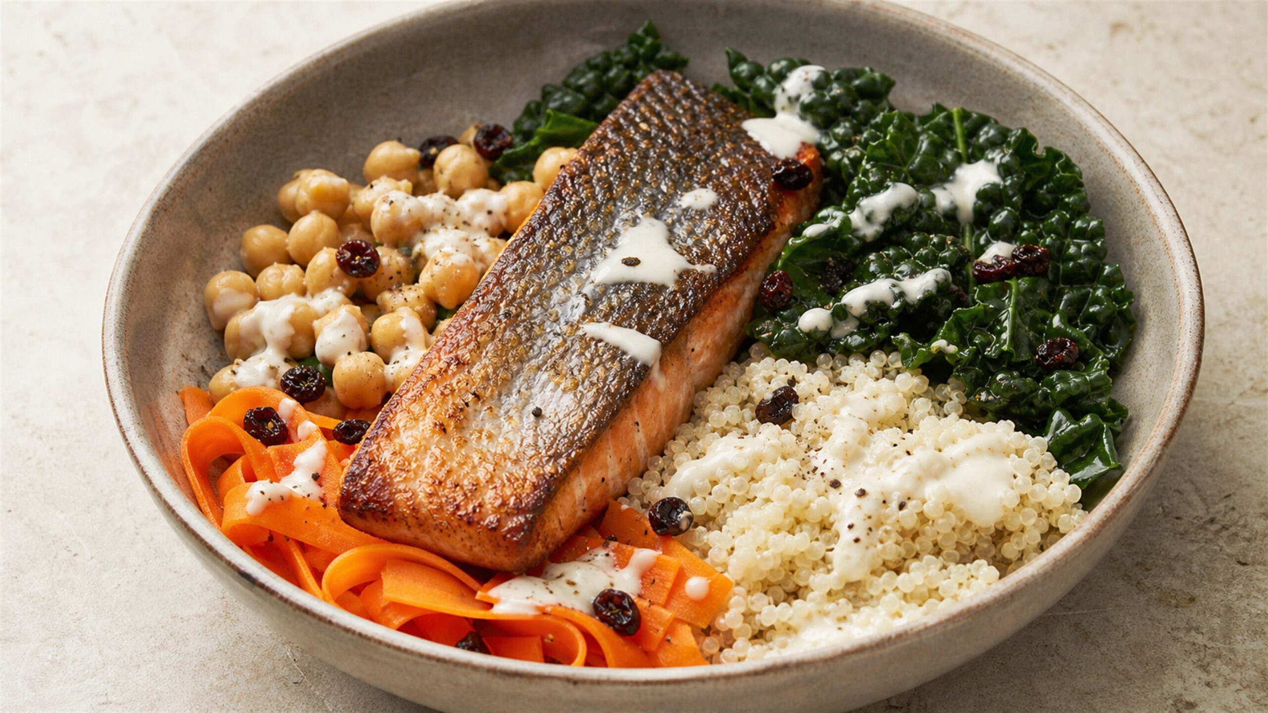 Salmon Quinoa Bowl with Kale and Tahini